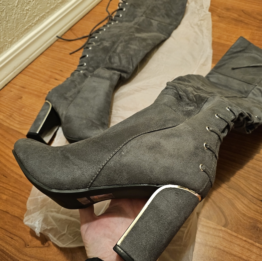 Dark Grey Tie Up Over the Knee Boots